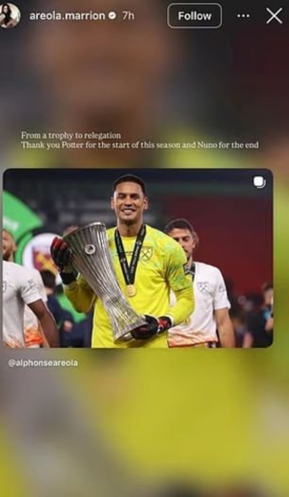 Alphonse Areola's wife called out both Graham Potter and Nuno Espirito Santo after West Ham's relegation