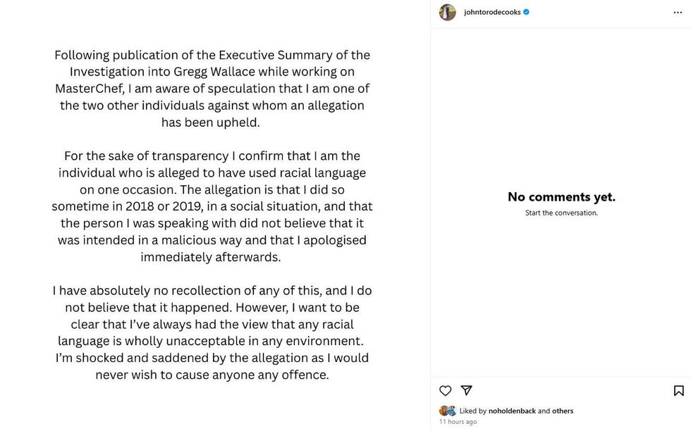 Amanda Holden liked John Torode's statement