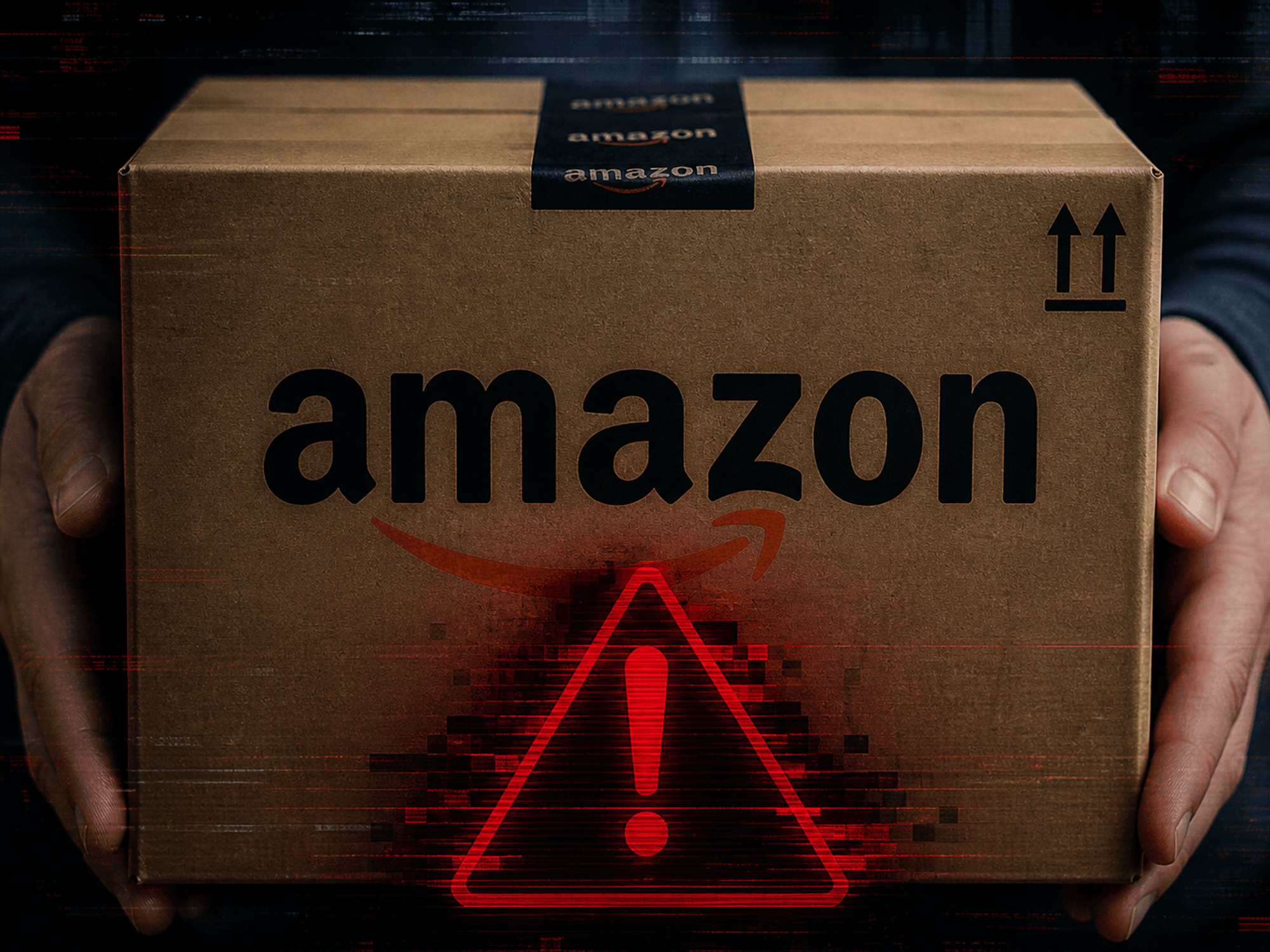 Amazon-branded shipping box with red warning symbol
