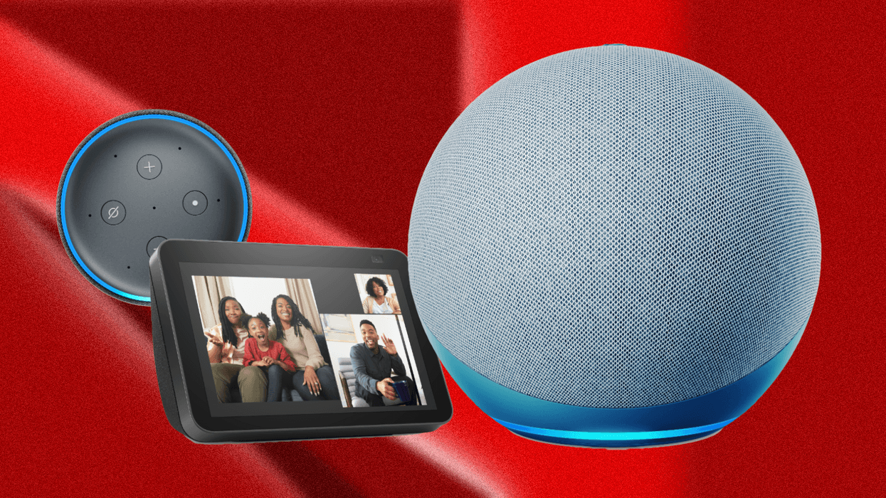 amazon echo and echo show 8 pictured side-by-side with a colourful red background