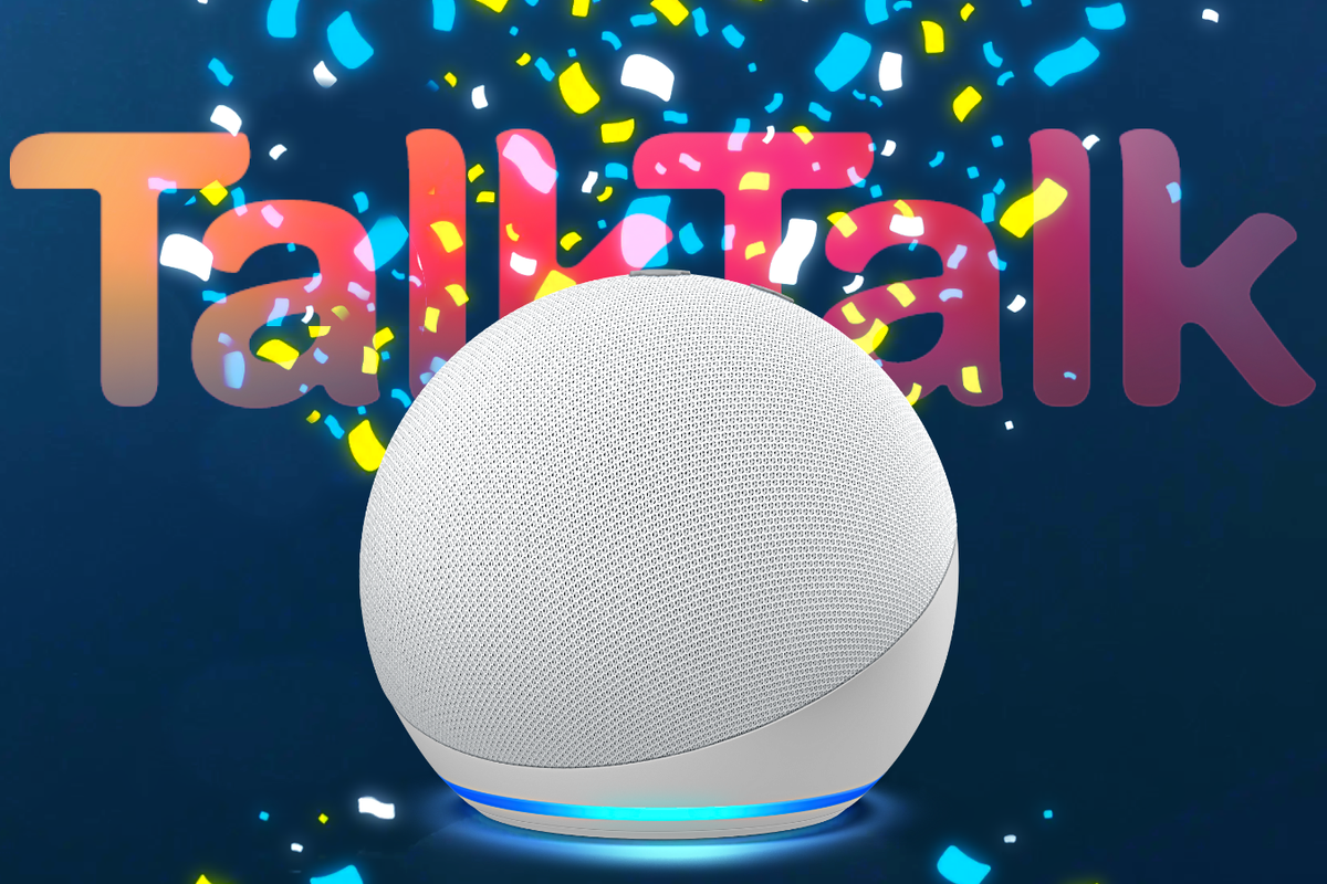 amazon echo dot fifth generation smart speaker surrounded by confetti with the talktalk logo in the background 
