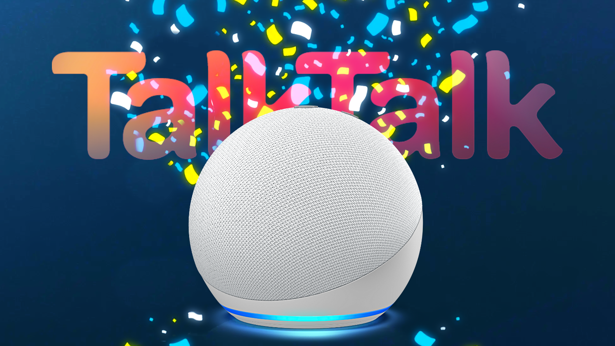 amazon echo dot fifth generation smart speaker surrounded by confetti with the talktalk logo in the background