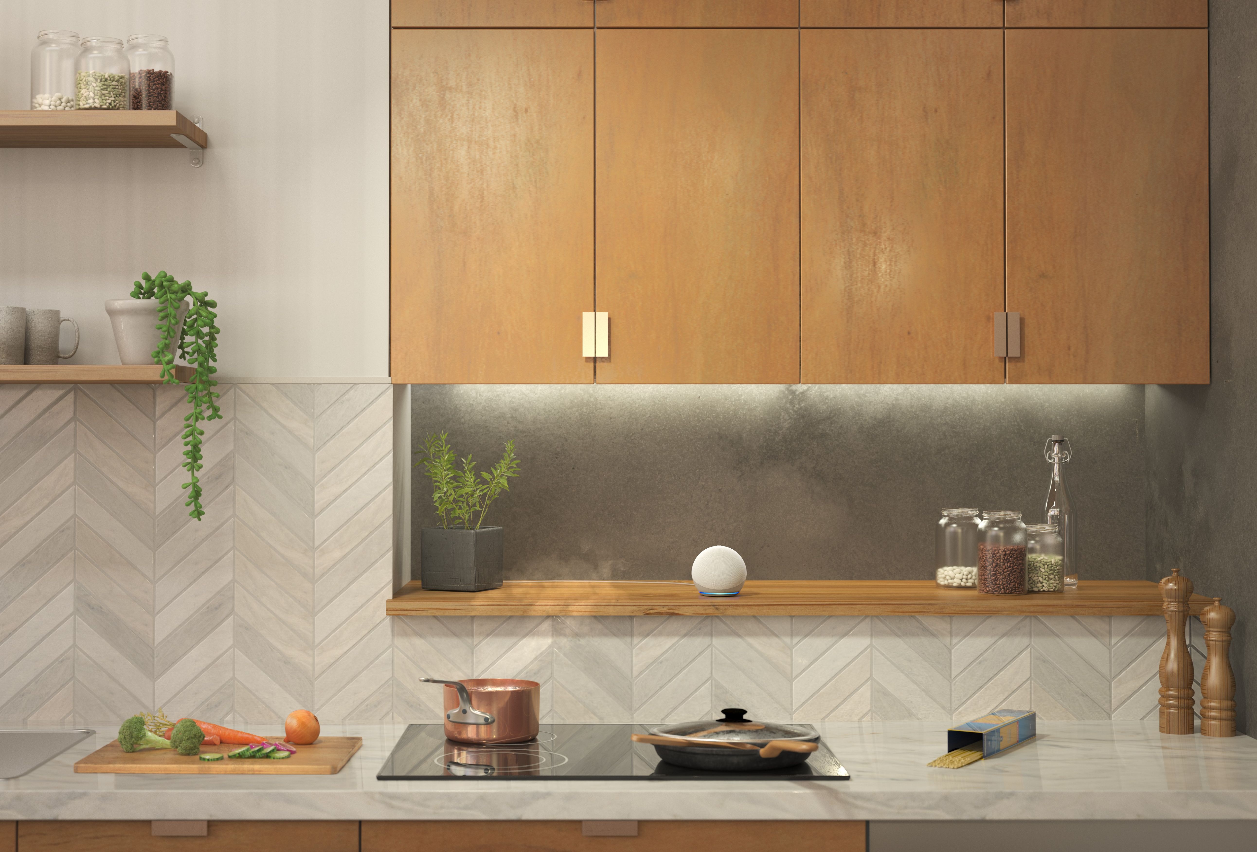 amazon echo dot pictured in a kitchen