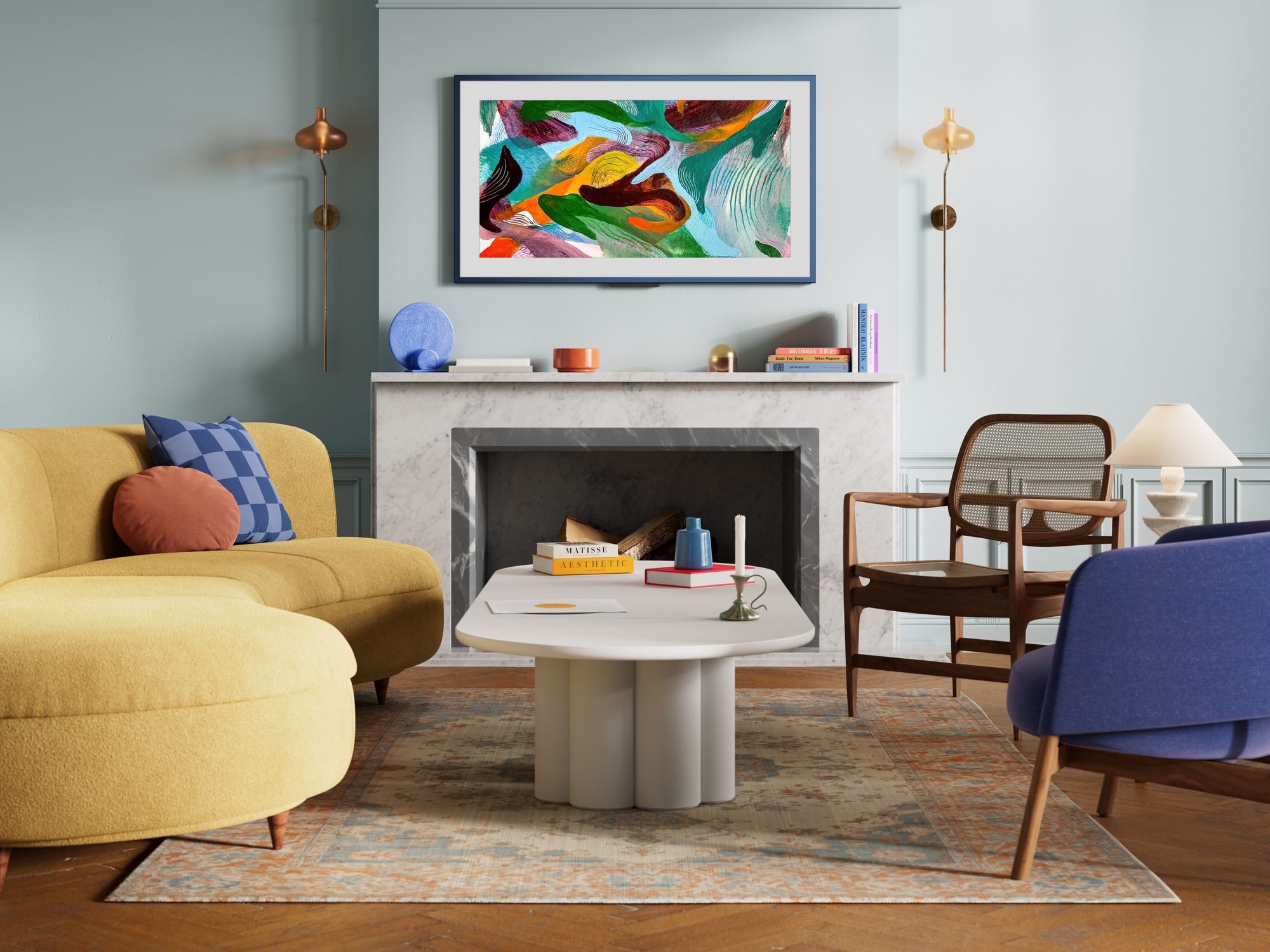 Amazon Ember Artline pictured on the wall with colourful artwork shown on-screen