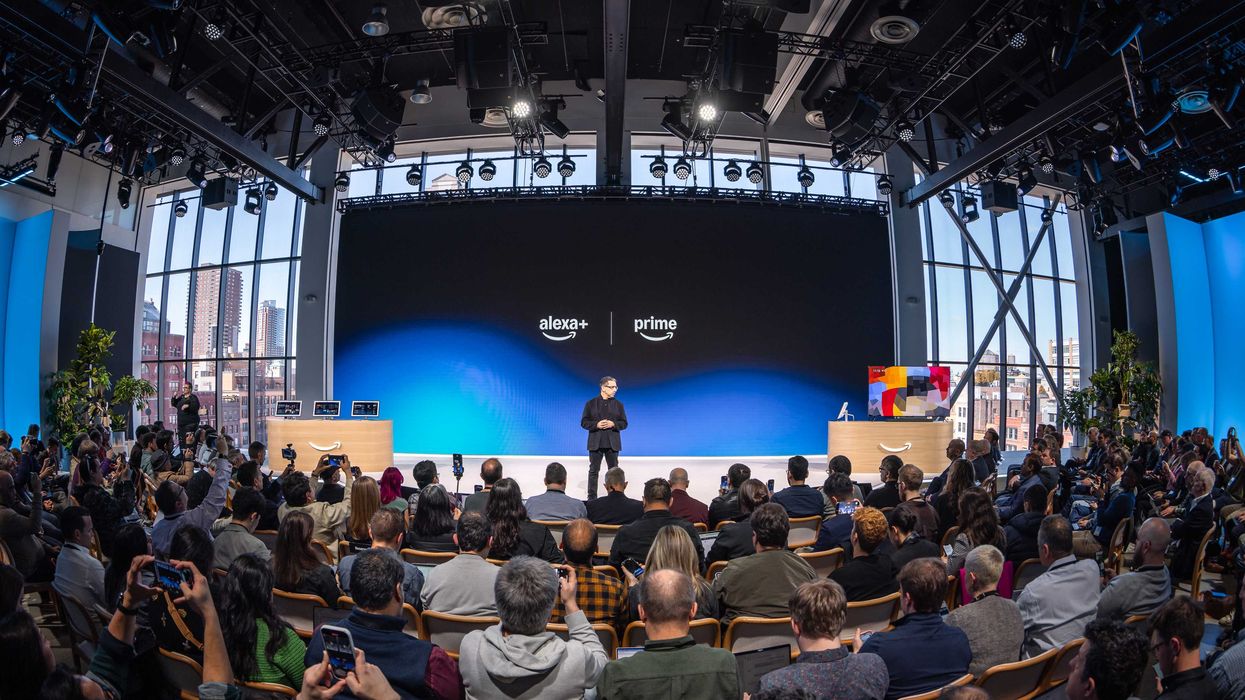 Amazon executive Panos Panay pictured on-stage discussing the latest Amazon products