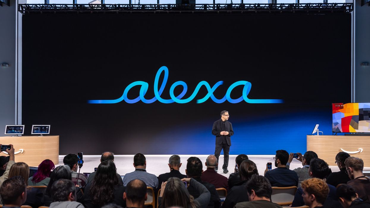 Amazon executive Panos Panay pictured on-stage discussing the latest products and Alexa+