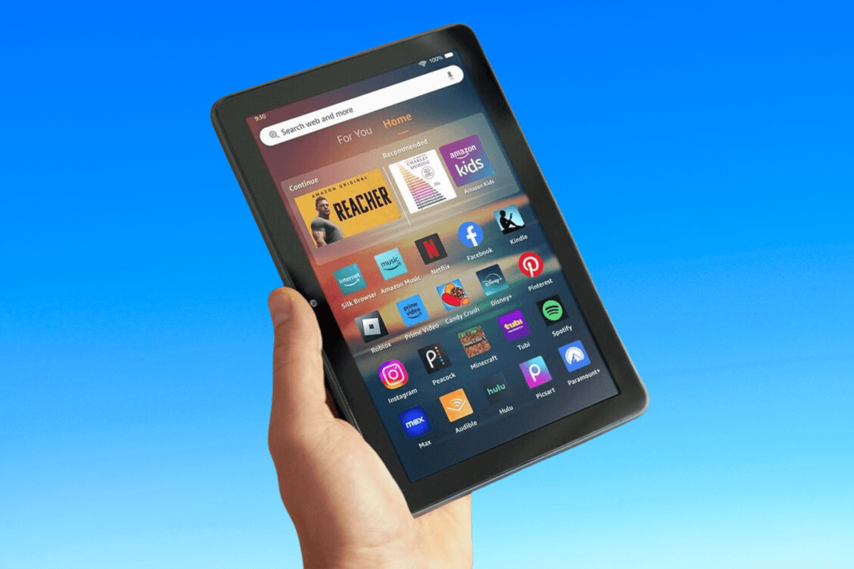 Amazon Fire HD 8 tablet with blue background