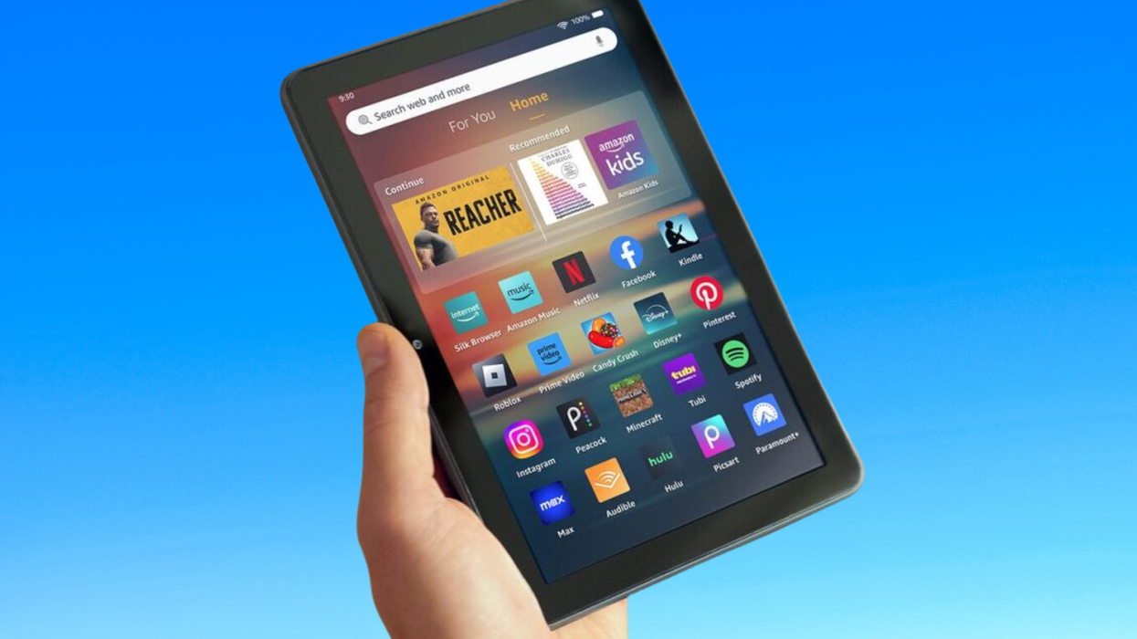 Amazon Fire HD 8 tablet with blue background