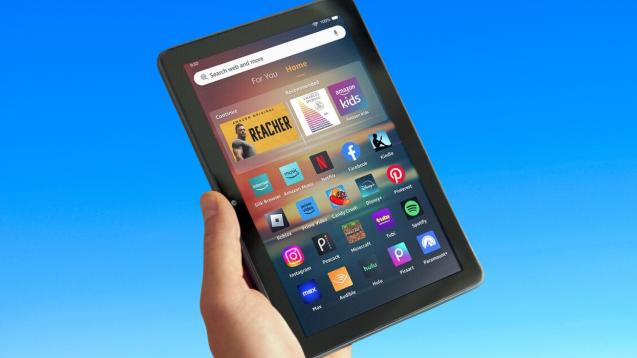 Amazon Fire HD 8 tablet with blue background