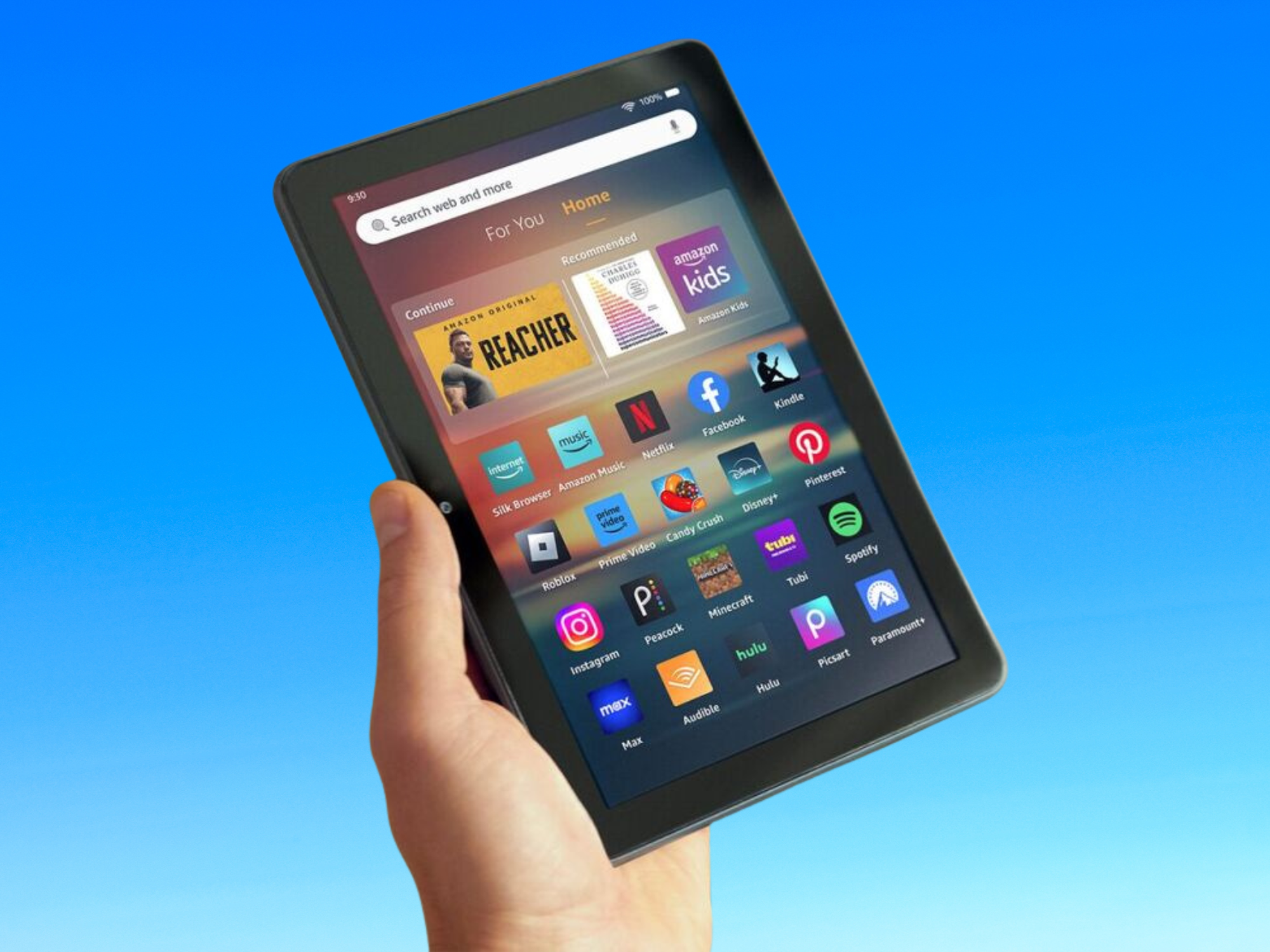Amazon Fire HD 8 tablet with blue background