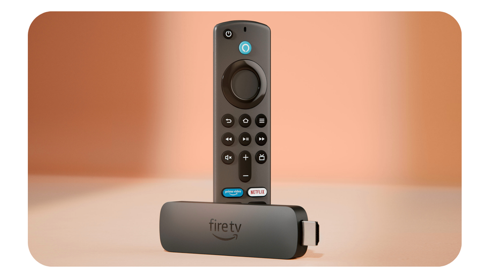 amazon fire tv stick 4k pictured with an alexa voice remote standing behind on a coloured background