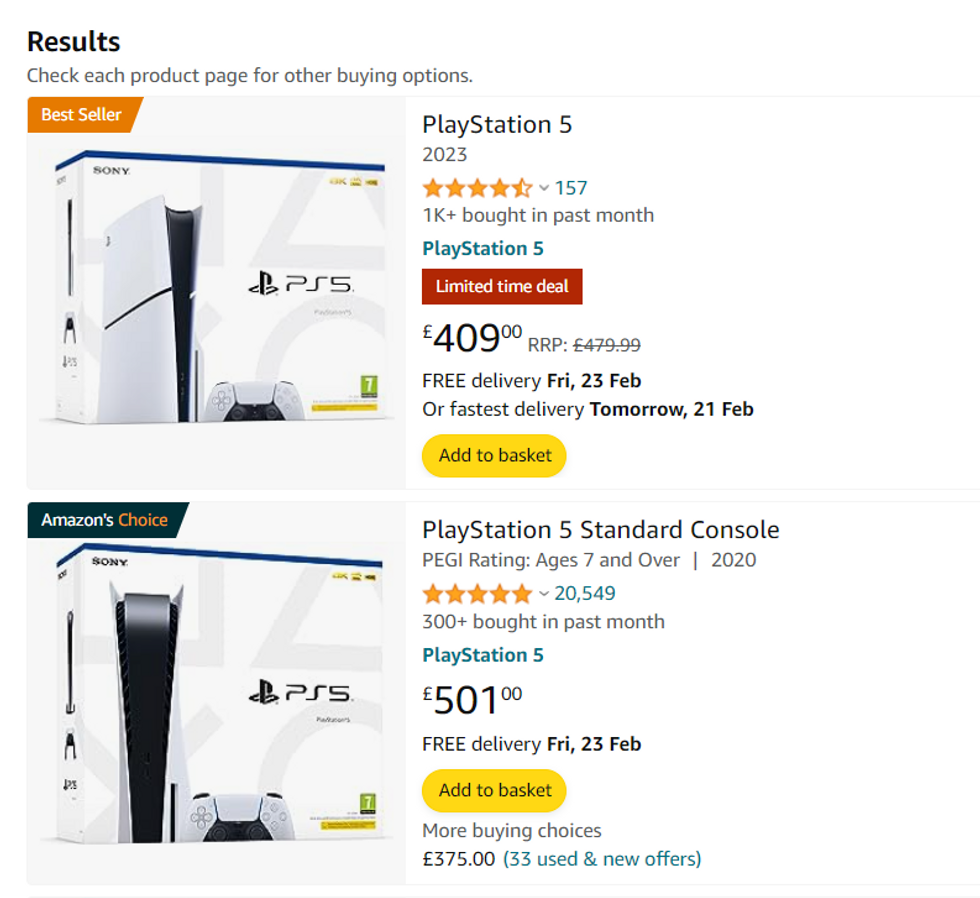 amazon listings showing two different versions of the ps5 console in stock
