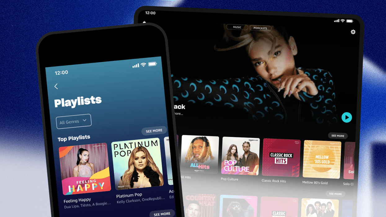 amazon music unlimited pictured running on an iphone and ipad with a colourful blue background