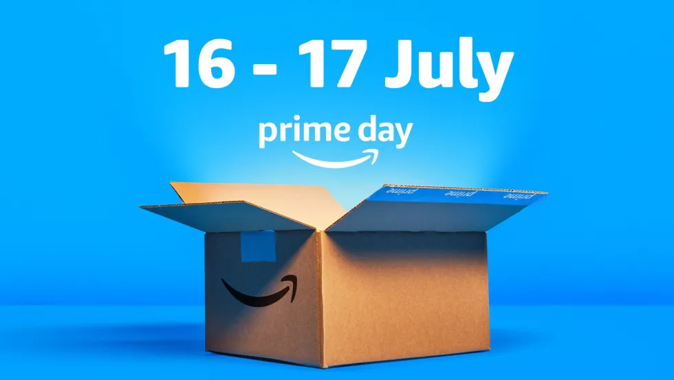 amazon package bursting open with the Prime Day logo above