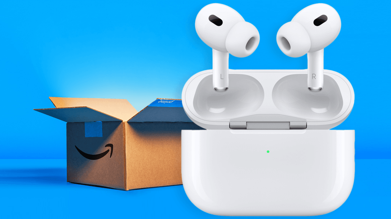 Amazon Prime box in the background on a blue background with apple airpods pro 2 shown in the front