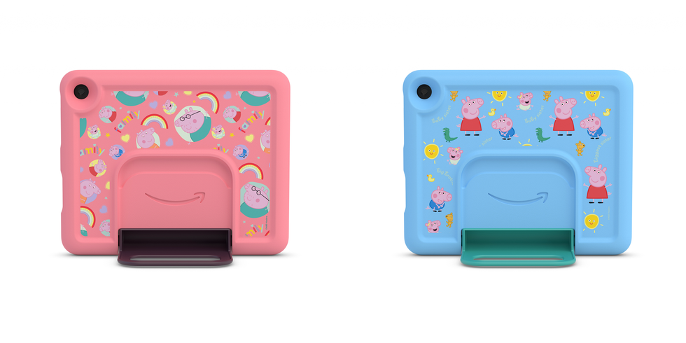 Amazon's limited-edition Fire Kids tablet with children's show Peppa Pig shown side by side in pink and blue