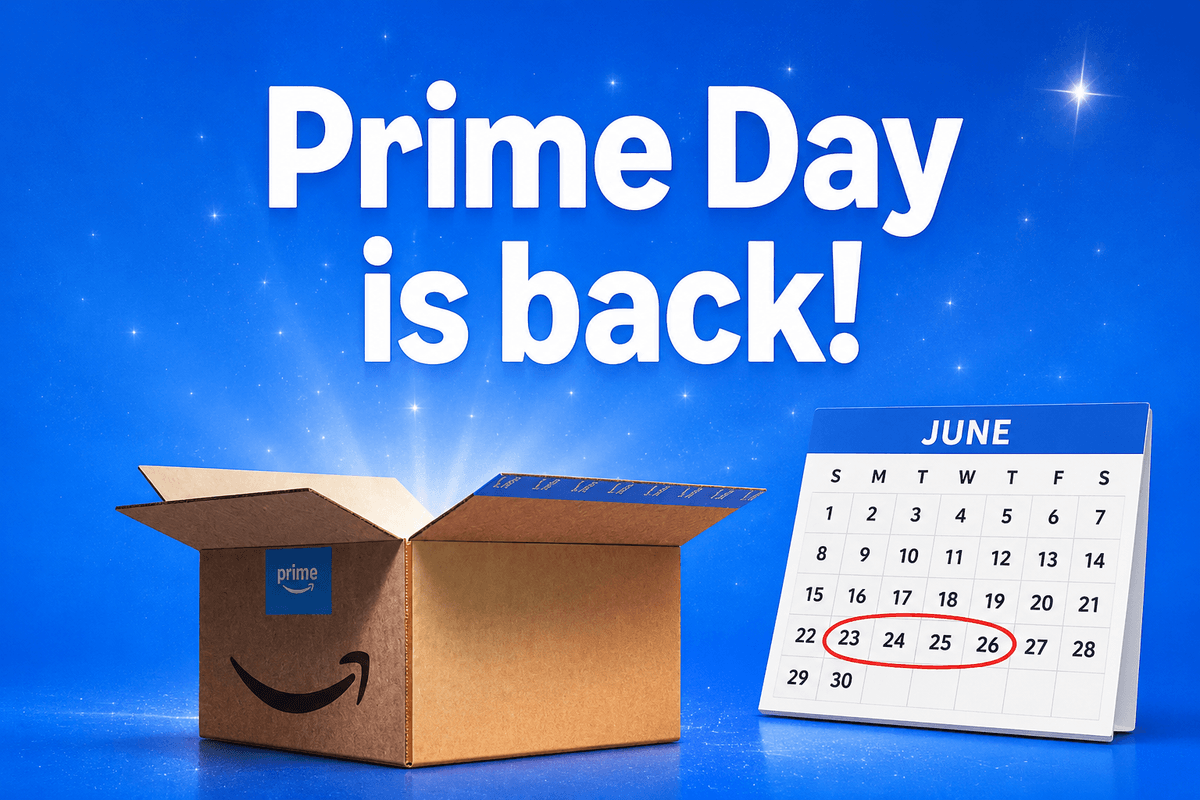 Amazon shipping box next to calendar confirming this year's Prime Day