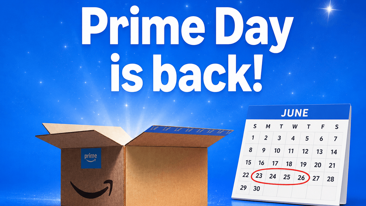 Amazon shipping box next to calendar confirming this year's Prime Day