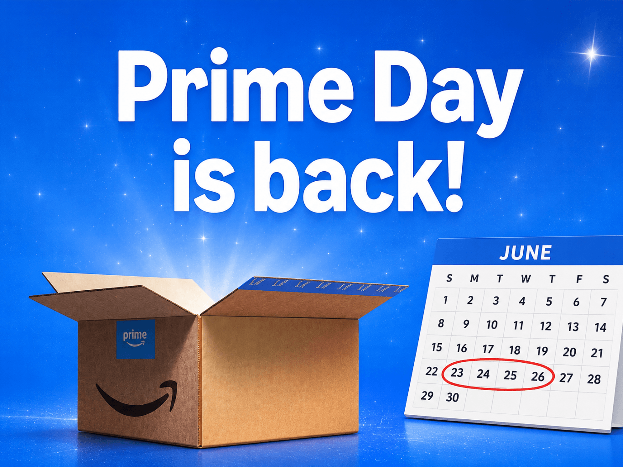 Amazon shipping box next to calendar confirming this year's Prime Day