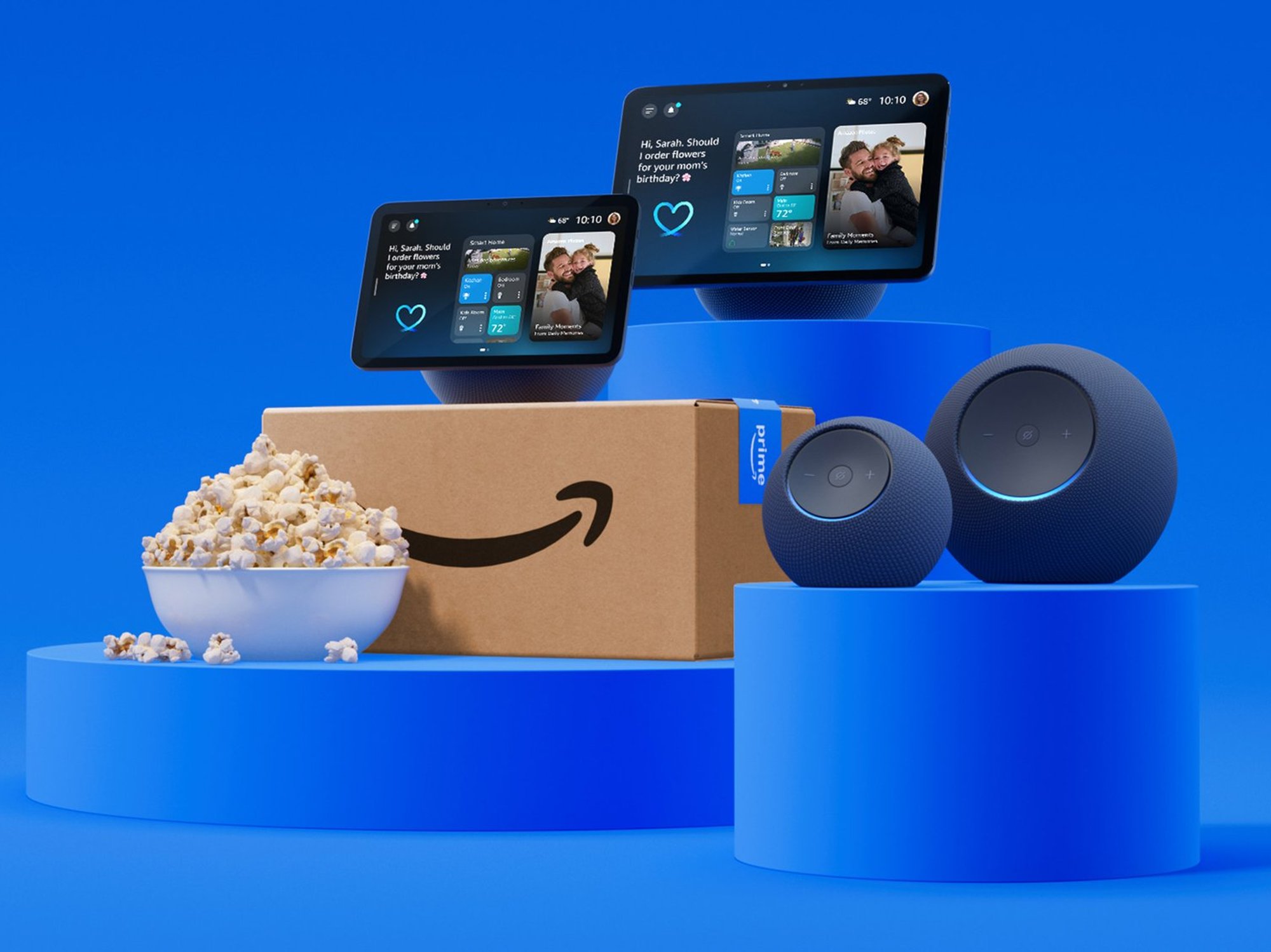 Amazon smart devices in front a blue background