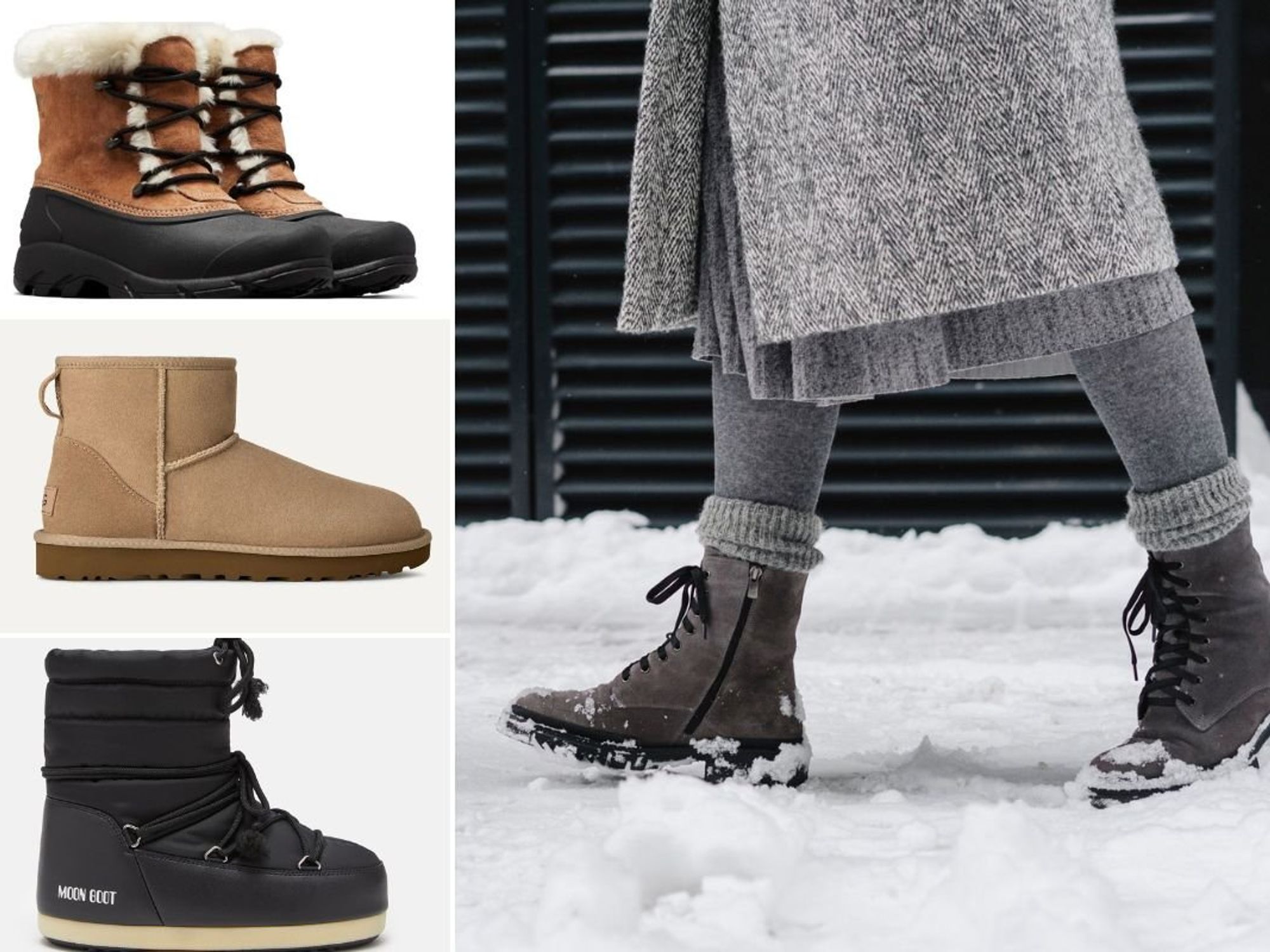 Amazon Sorel Women's Snow Angel Winter Boots / UGG Classic Mini II Boot / Moon Boot EVX Light Low Black Nylon Boots / Woman walking in snow wearing winter boots