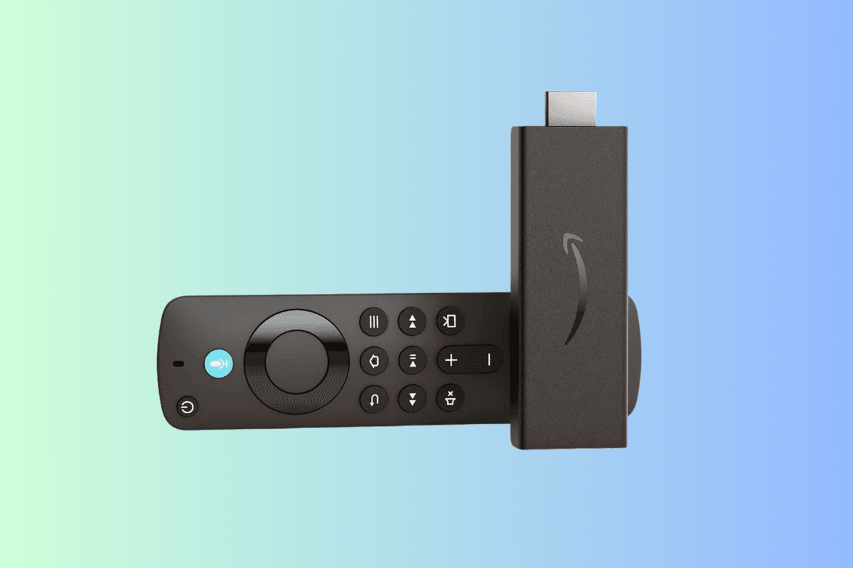 Amazon TV Fire Stick in front of gradient background