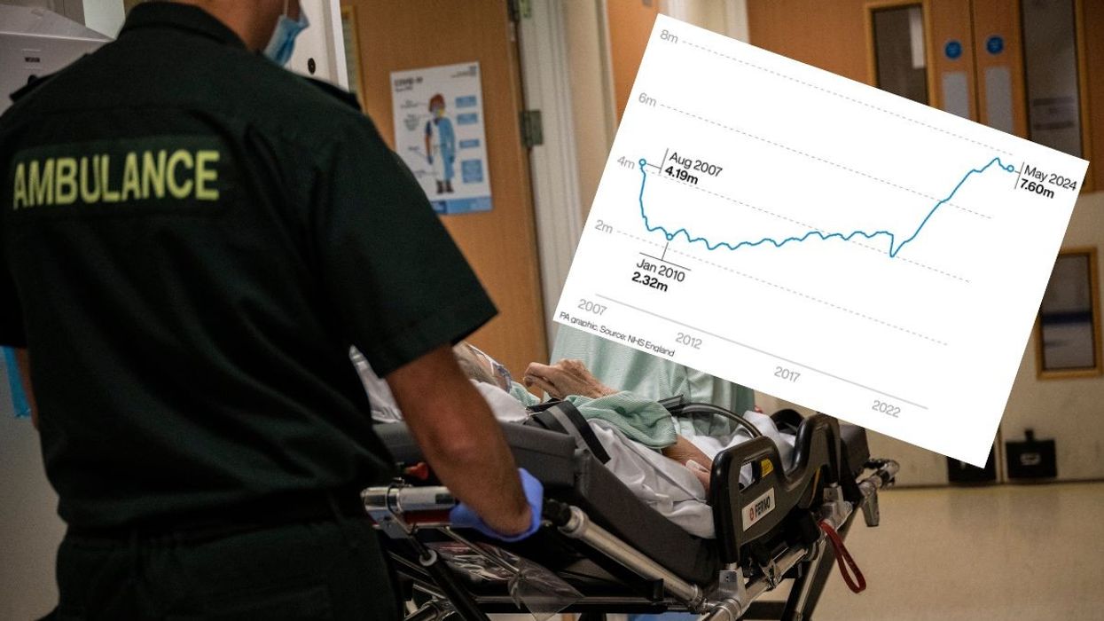 Ambulance staff pushes person through hospital and graph of NHS waiting times in England