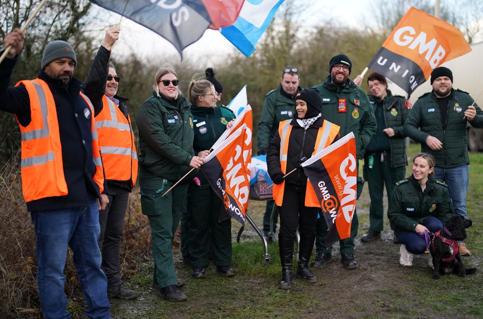 Ambulance workers on the picket line outside Gorse Hill Ambulance station in Leicester, as members of Unison and GMB unions take strike action over pay and conditions that will affect non-life threatening calls. Picture date: Wednesday January 11, 2023.