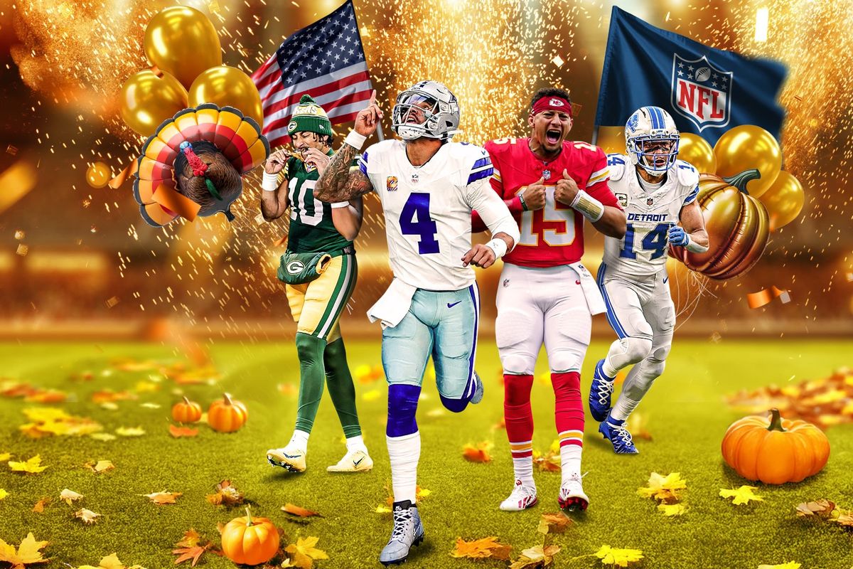 American football players in front of Thanksgiving decorations