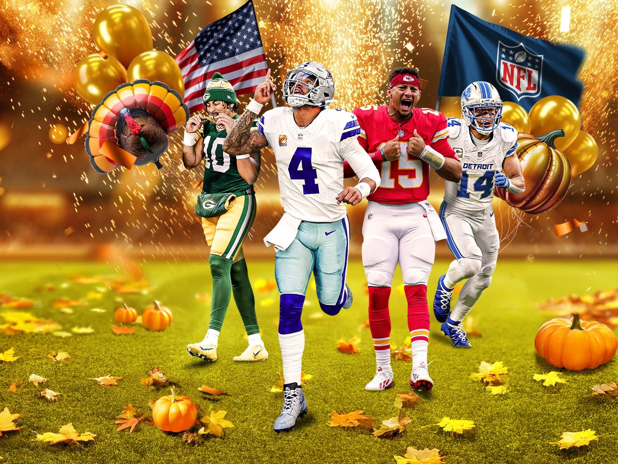 American football players in front of Thanksgiving decorations
