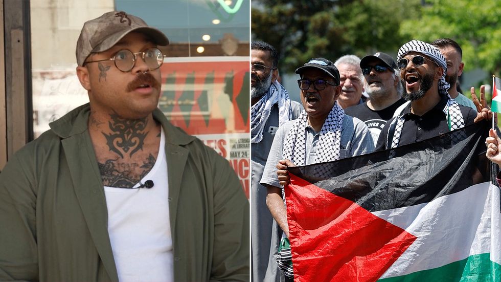 American man and Dearborn protest