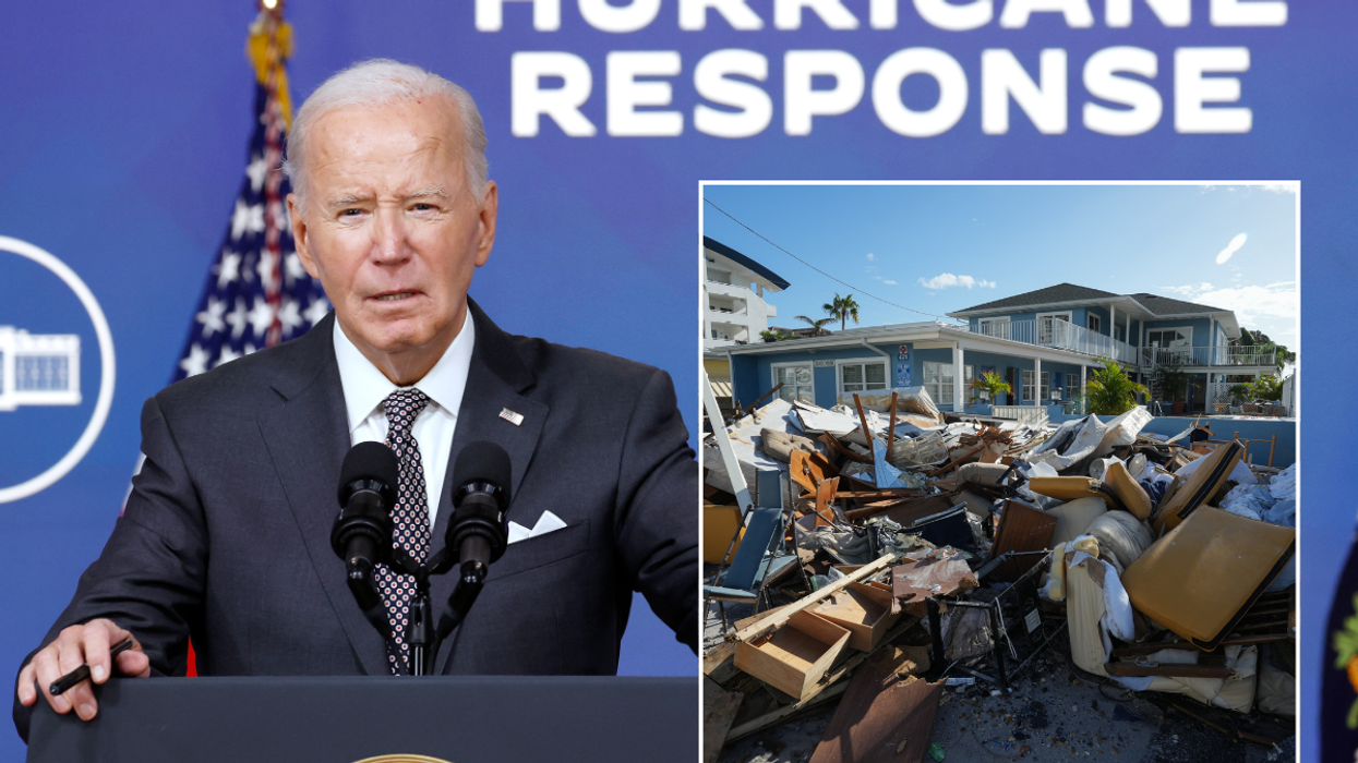 American President Joe Biden. Inset image of debris along a street in Clearwater Beach, Florida after Hurricane Milton