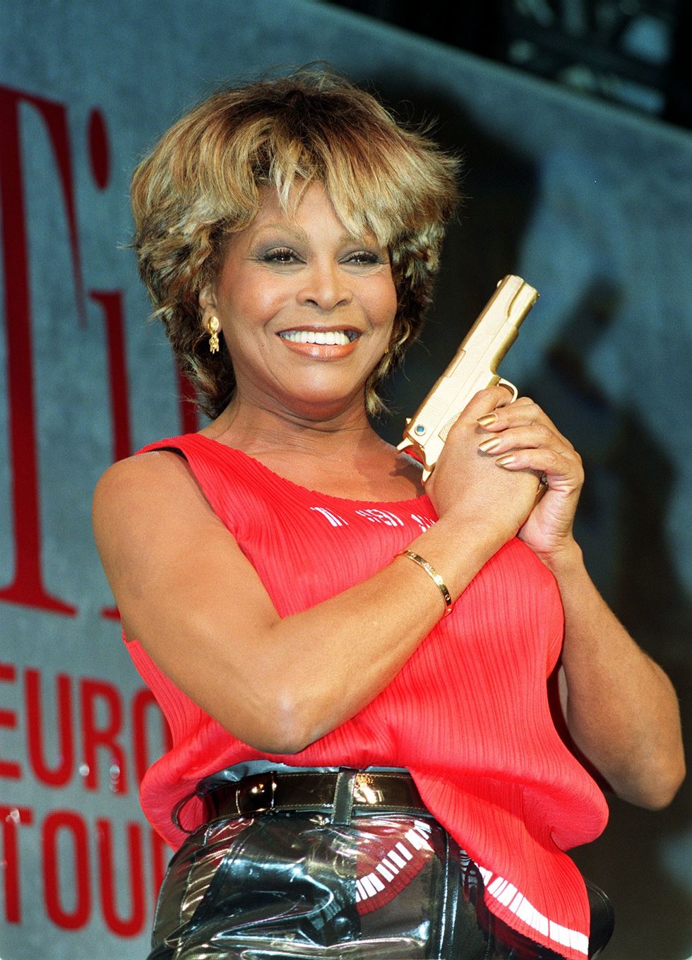 American singer Tina Turner during a news conference at London's Hyde Park Hotel to launch her single, the theme tune the new Bond movie Goldeneye.