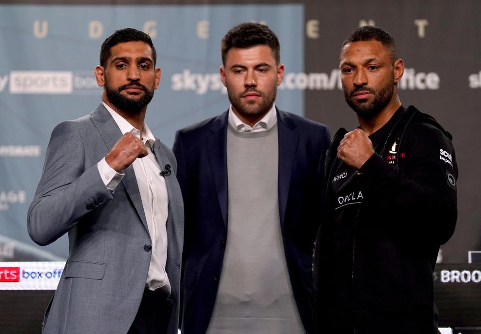 Amir Khan (left), promoter Ben Shalom and Kell Brook during a press conference at the Exchange Hall, Manchester. Picture date: Thursday February 17, 2022.