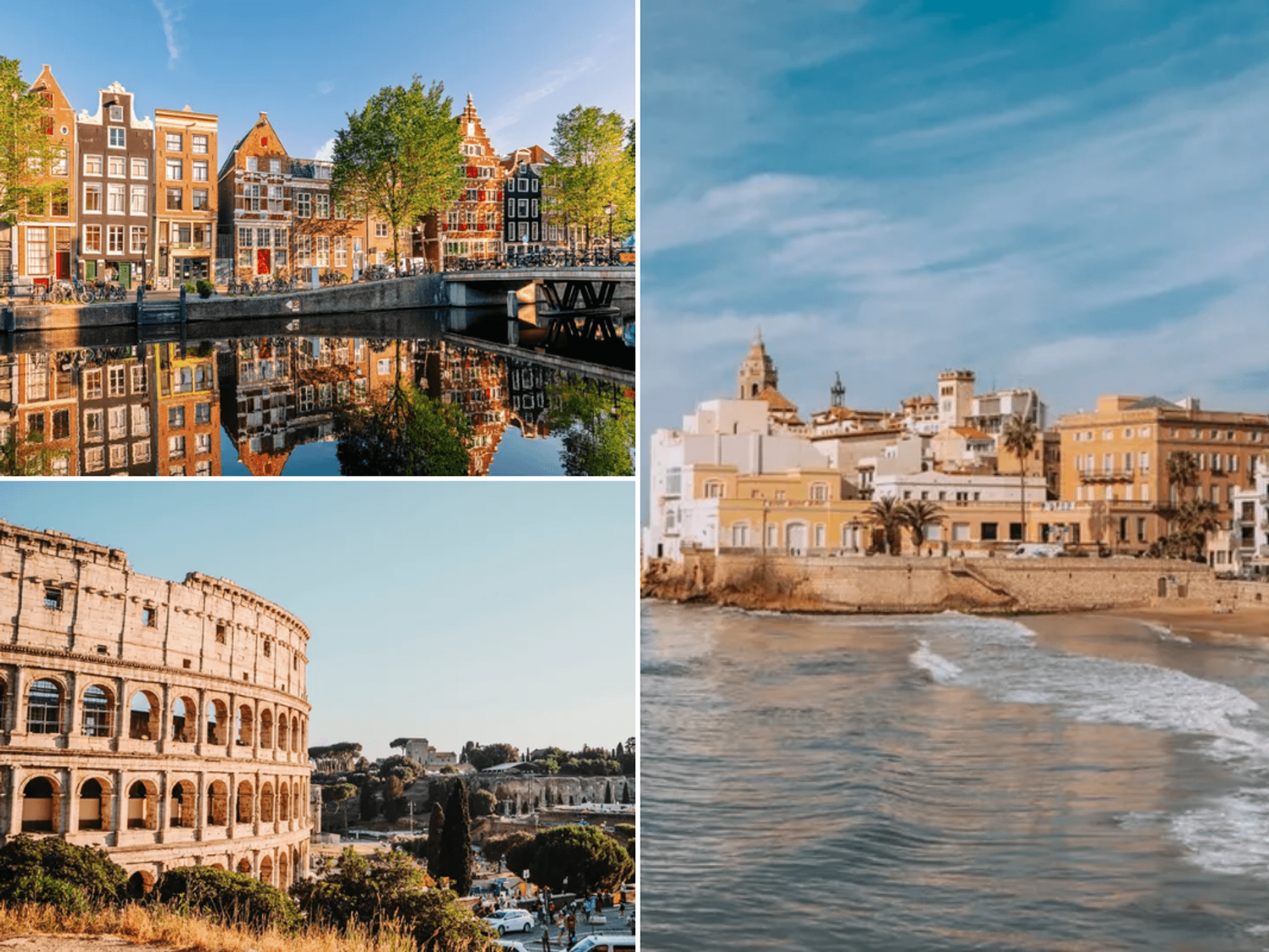 Amsterdam / Coliseum in Rome Italy / Barcelona beach