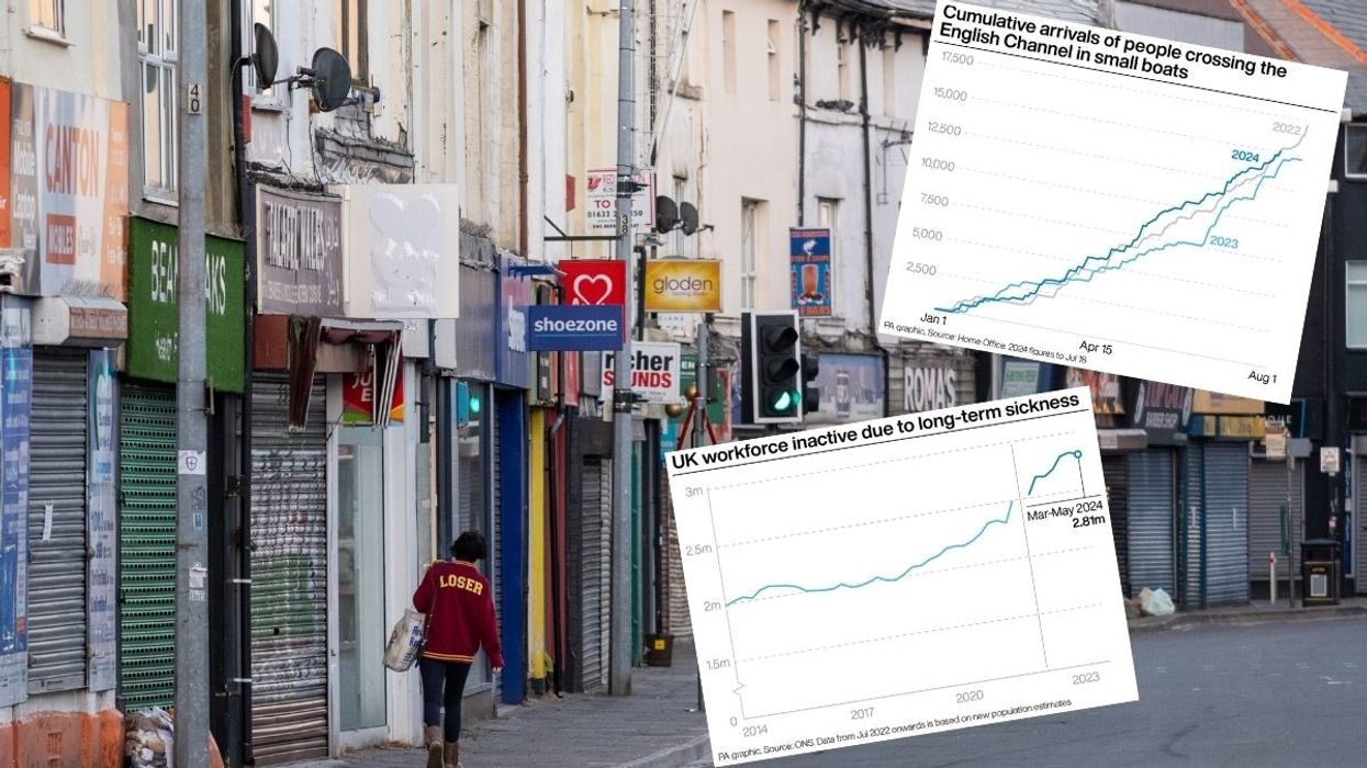 An abandoned high street, graph showing UK workforce inactive due to long-term sickness and graph showing arrivals of people crossing the English Channel in small boats