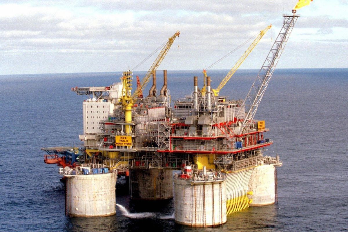 An aerial view of a oil production platform Troll B in the North Sea