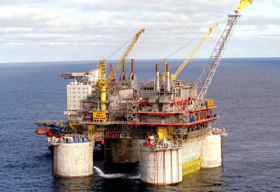 An aerial view of a oil production platform Troll B in the North Sea