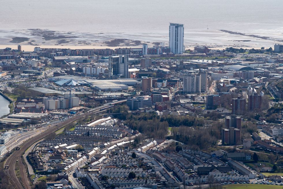 An aerial view of Swansea city centre on April 9, 2016 in Swansea