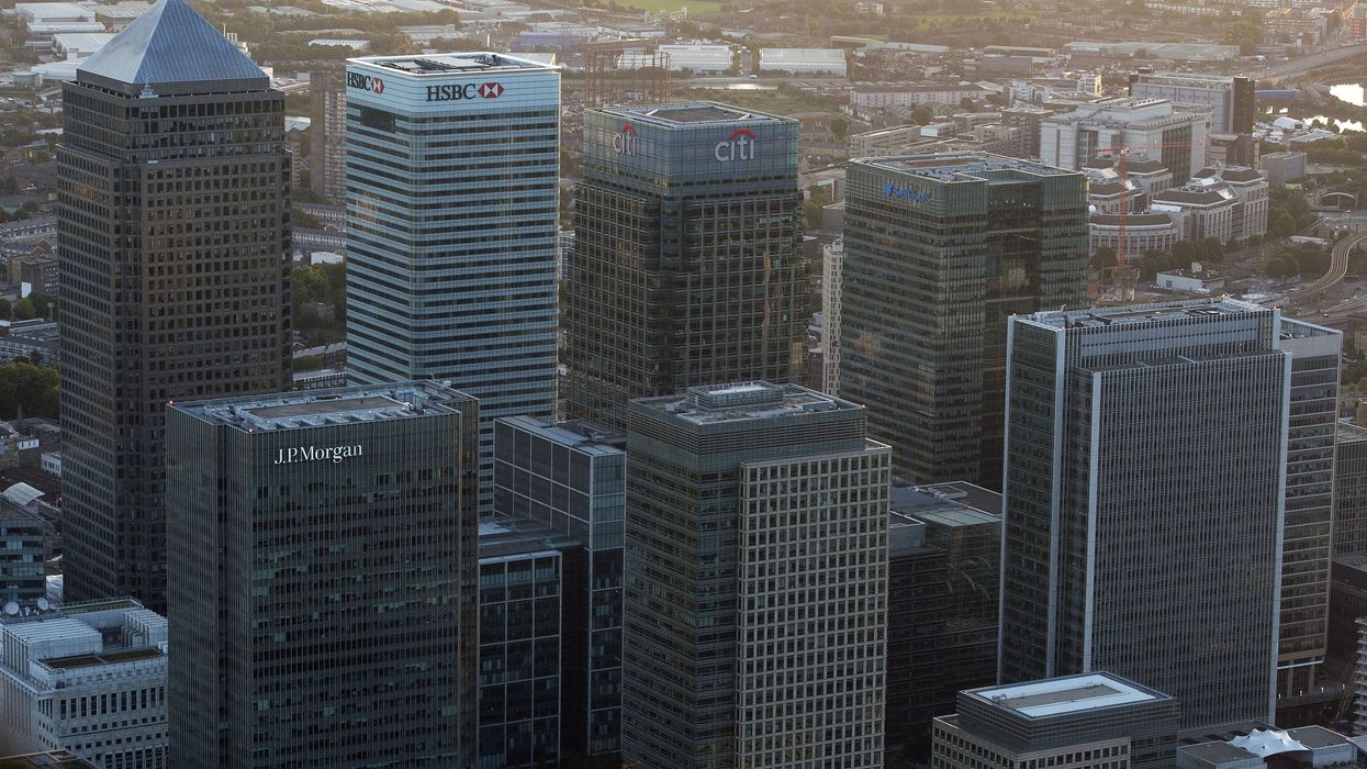 An aerial view of the offices of HSBC, Citi, JP Morgan and Barclays banks in Canary Wharf,