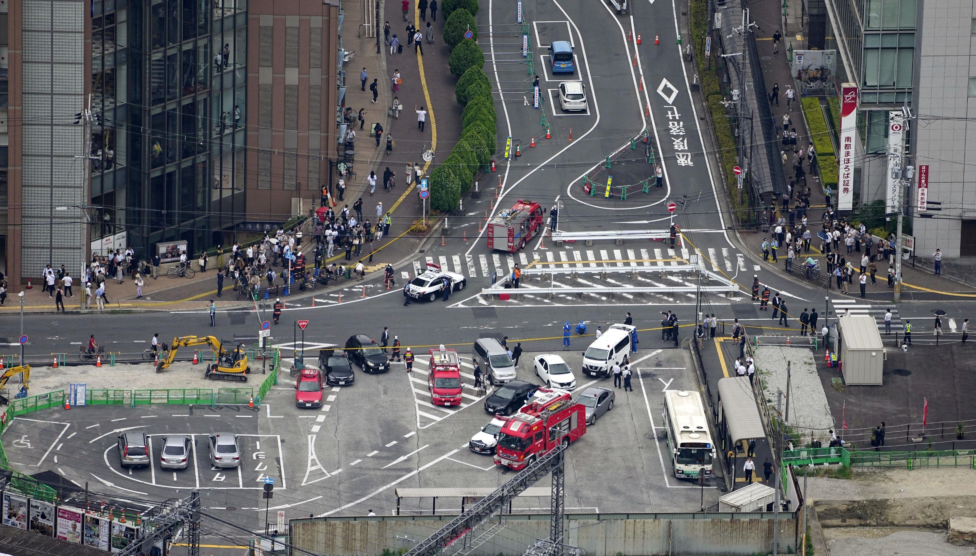 An aerial view shows the site after Shinzo Abe was shot