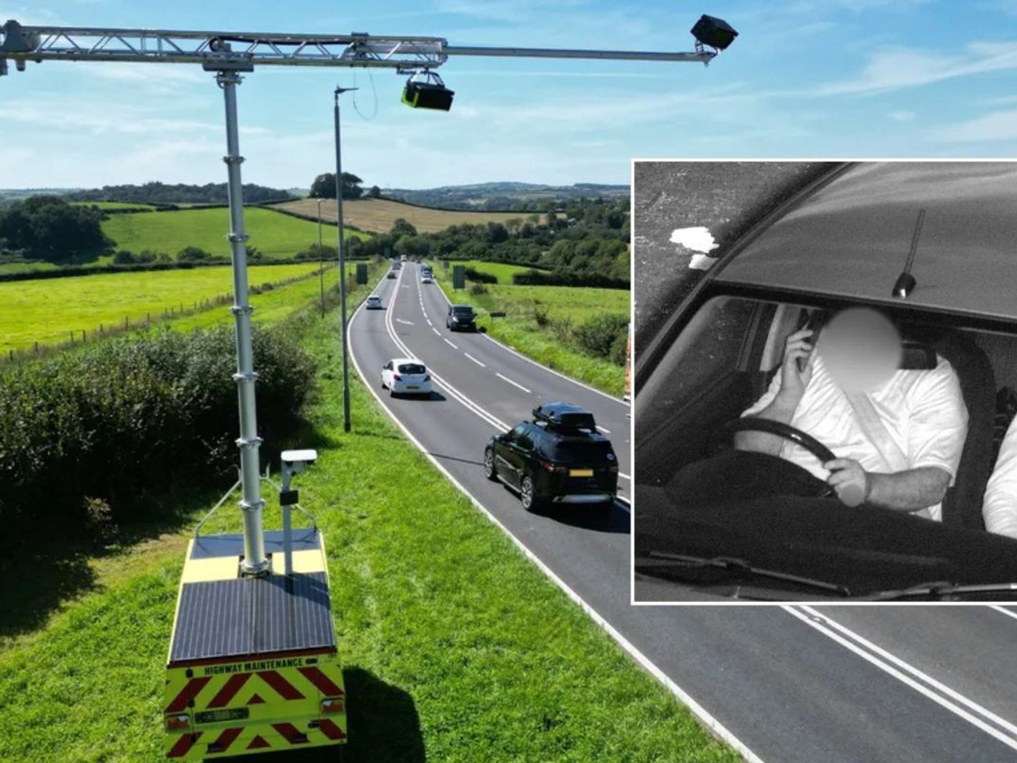 An AI speed overlooking a road and a driver caught using their phone at the wheel