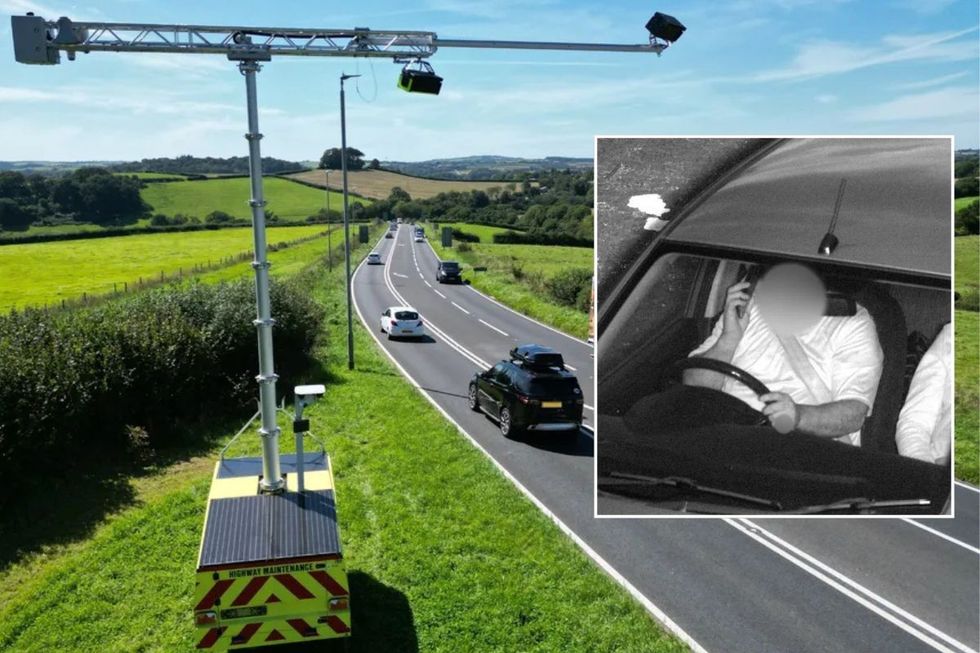 An AI speed overlooking a road and a driver caught using their phone at the wheel