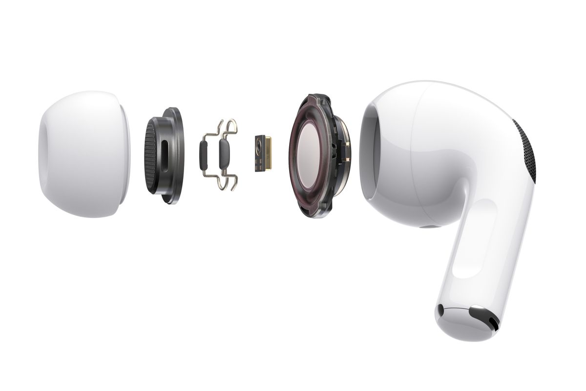 an airpod pro earbud with the internal audio components on-show