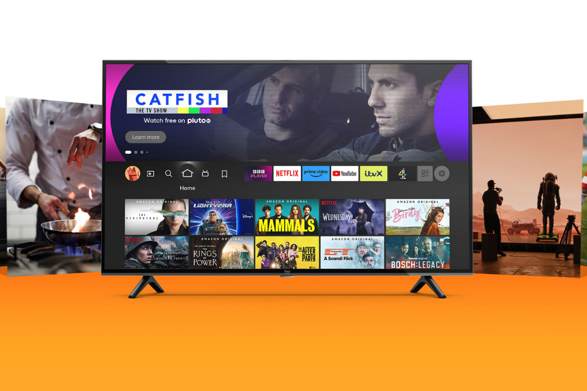 an amazon fire tv 4-series is pictured on an orange background   