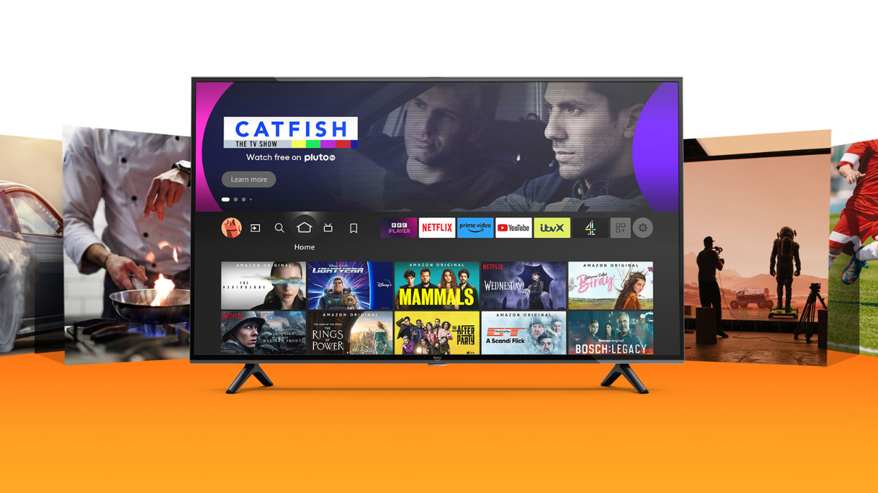 an amazon fire tv 4-series is pictured on an orange background