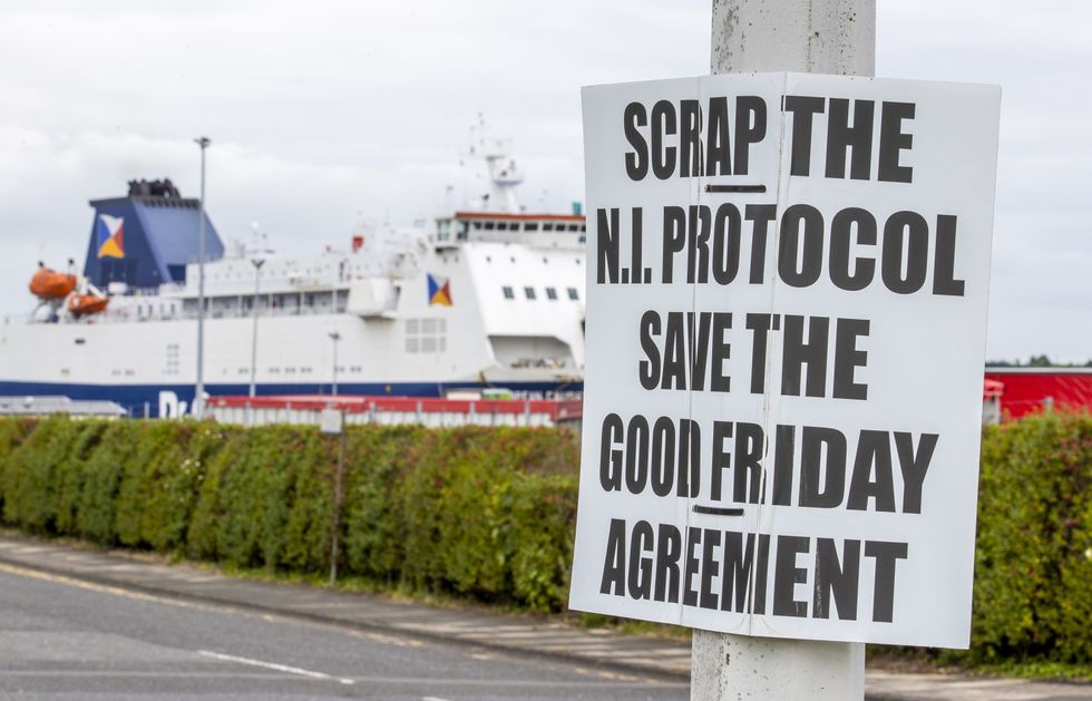An anti-Northern Ireland Protocol sign close to Larne Port, as a Bill to amend the Northern Ireland Protocol unilaterally will be introduced in Parliament today, amid controversy over whether the legislation will break international law.