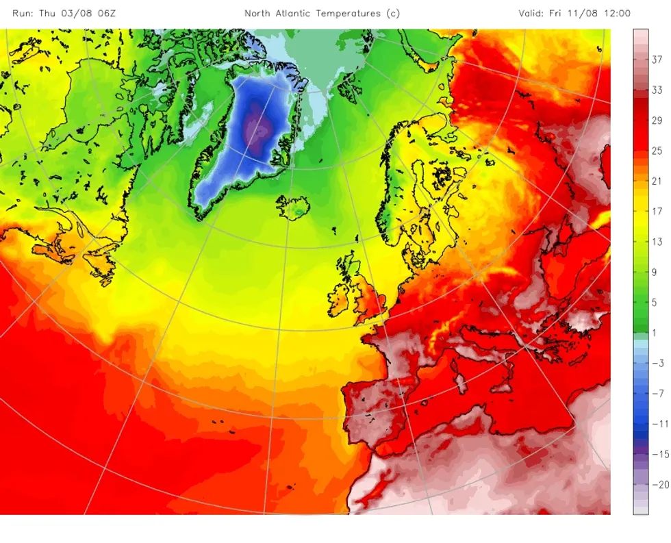 An Azores plume looks set to trigger a scorching heatwave in the United Kingdom as weather maps turn red