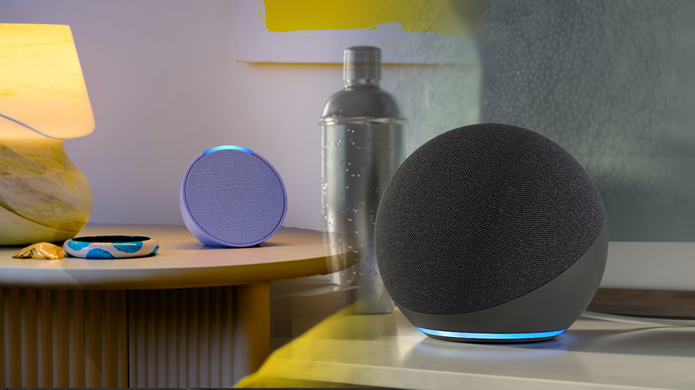 an echo pop and amazon echo pictured on sideboard 