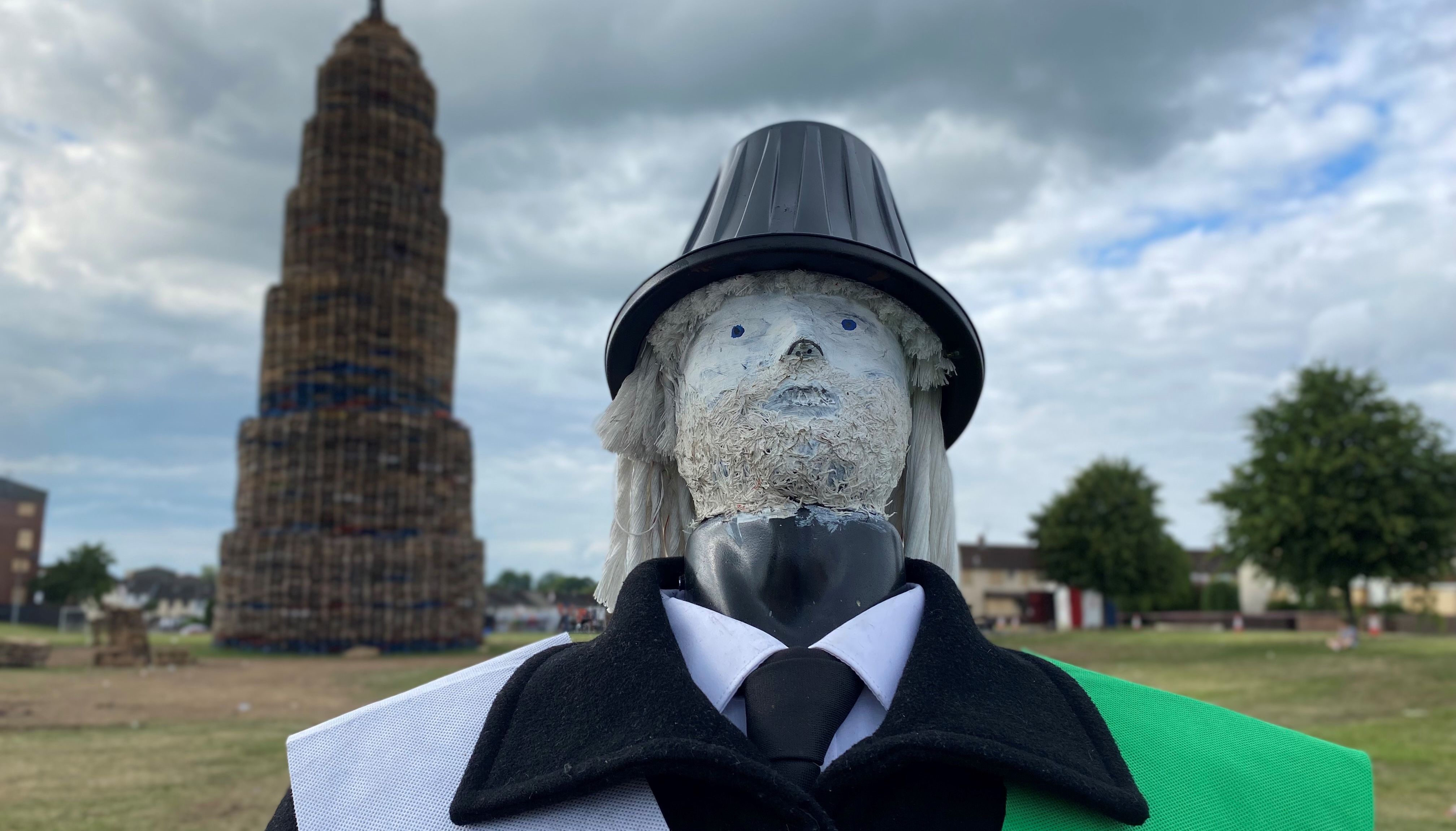 An effigy of Lundy in front of a giant bonfire in the loyalist Corcrain area of Portadown in Northern Ireland.